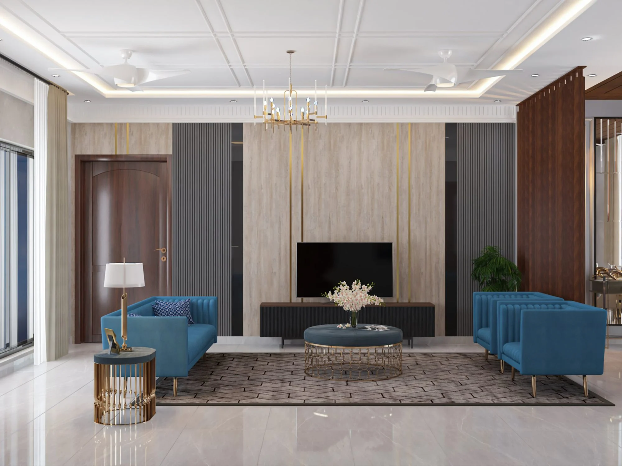 A living room interior with wall panelling, a TV wall and a chandelier